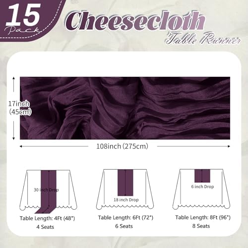 15 Pack Dark Purple Cheesecloth Table Runner 17 x 108 inch Cheese Cloth Table Runners 9ft Blue Table Runner Rustic Romantic Sheer Gauze Runner for Wedding Party Baby Shower Table Decoration