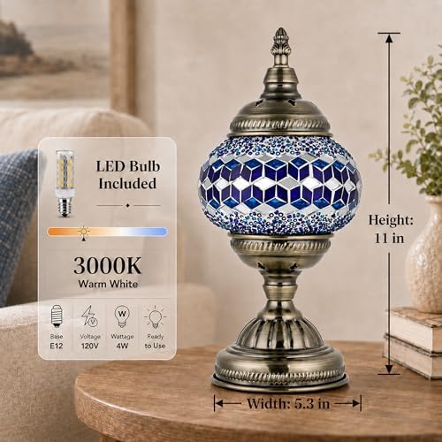 GOGERS Turkish Moroccan Table Lamp Lantern with Handmade Mosaic Glass Lampshade Tiffany Style Bohemian Stained Glass Decorative Desk Lamps Bedside Night Lights for Bedroom (Multiple Blues)