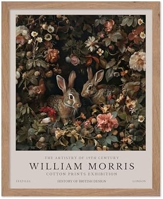 Monem Art William Morris Poster - Bunny Couple & Botanical Print - Exhibition Art - Farmhouse Decor - Aesthetic Living Room Decor - 8x10 Beige Framed