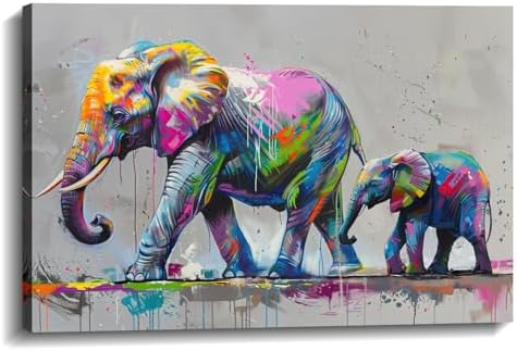 Elephant Canvas Wall Art Elephant with Cub Picture Graffiti Painting Animal Prints Gray Posters Modern Artwork for Living Room Bedroom Bathroom Home Wall Decor Framed(Elephant-15,12.00"x18.00")