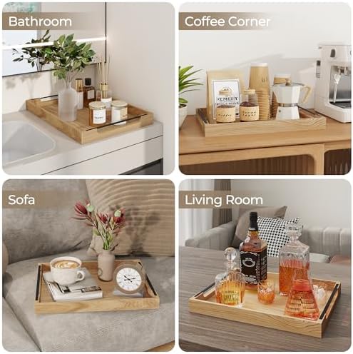 Axeman Wooden Serving Tray with Metal Handles|Ottoman Tray for Breakfast, Bed, Couch|17x13in Ash Wood Coffee Table Trays|Food Drinks Decorative Storage Boards for Ottoman Kitchen, Natural