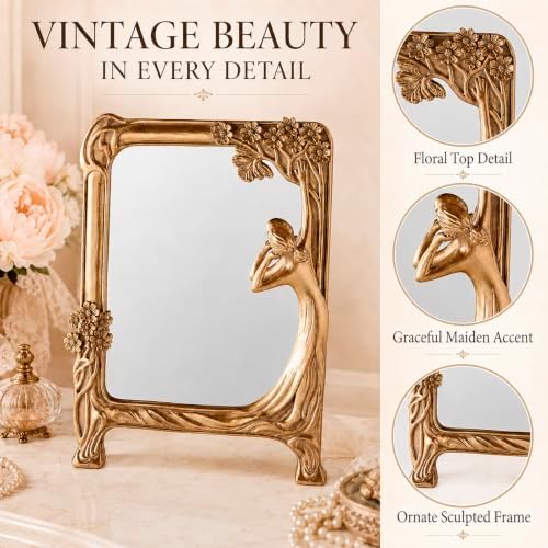 Vintage Gold Mirror Desk Decor -Antique Small Vanity Decorative, Rectangle | Table Art Nouveau with Stand, Cute Princess Frame, Tabletop Office Bedroom Furniture Room Bathroom Home Wall Accessories