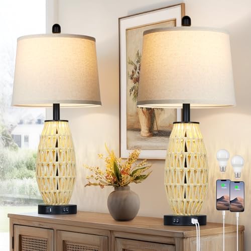 CINSARY 27“ Beige Boho Rattan Table Lamps with Night Light, Natural Bedroom Lamps Set of 2 with USB A+C Charging Ports, Rustic Farmhouse Woven Wicker Bedside Nightstand Lamp for Living Room End Tab