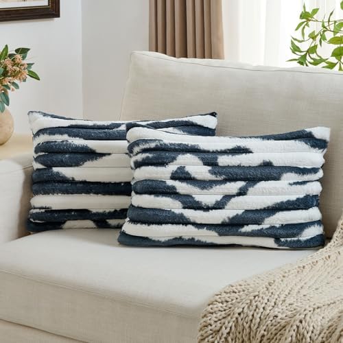 FUTEI Pack of 2 Faux Fur Throw Pillow Covers 12x20 Inch, Navy Blue White