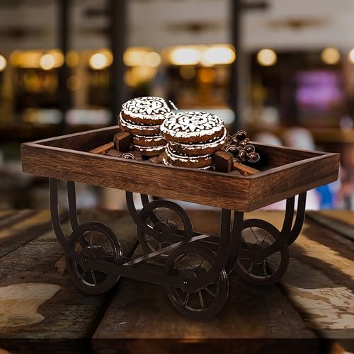 Natural Wooden Serving Bowl, Large Deep Tray for Family, Party (Tray with Wheels)