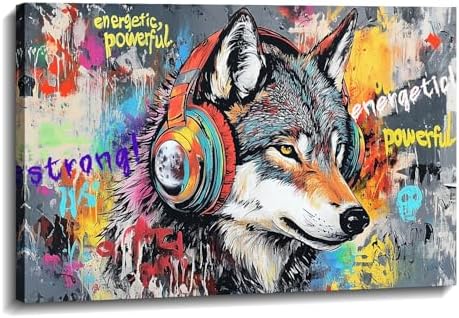 Wolf Canvas Wall Art - Wolf Wall Decor Graffiti Picture Funny Animal Listen to Music Painting Inspirational Prints Pop Artwork Office Living Room Home Decor Framed(Wolf-16,16.00"x24.00")