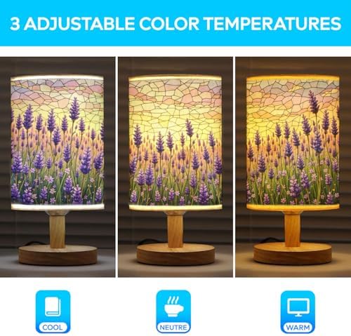 Lavender Table Lamp LED 3-Color Pressed Bedside, Lavender Shade Lamp with Wood Base for Bedroom Living Room Desk Office TL01