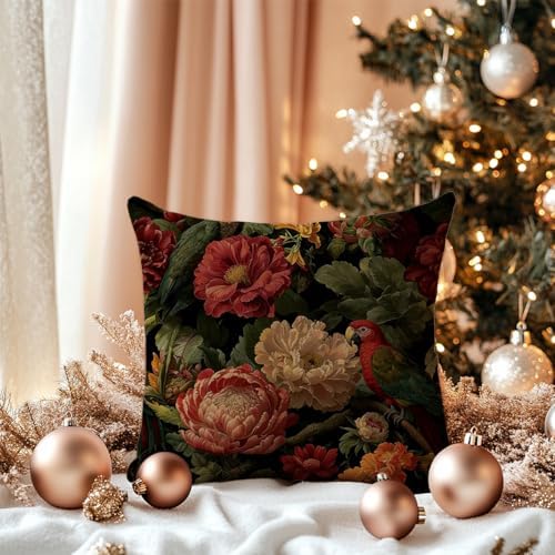 Dark Exotic Floral Parrot Throw Pillow Cover 18x18
