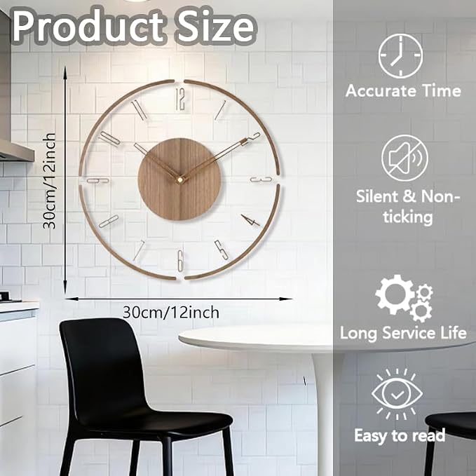 Modern Minimalist Wooden Wall Clock - Silent Non-Ticking Battery Operated Wall Clock for Living Room Bedroom Kitchen Office Decor, 12 Inch Large Wall Clock with Sleek Open Frame Design