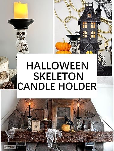 Pillar Candle Holder for Halloween Decoration Indoor, Skull Candlestick Holder, Skeleton Candlestick Holder Spooky Decor Black Taper Candle Holders