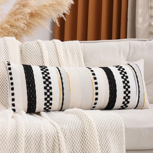 Boho Lumbar Throw Pillow Cover 14x36 Black Cream