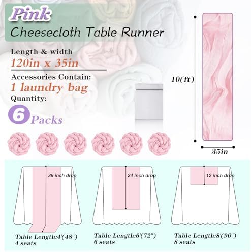 Pink Cheesecloth Table Runner 6 Pack 35" Boho Gauze Runner 120 inches Long Rustic Sheer Fabric Bulk for Boho Baby Shower Wedding Bridal Birthday Party Table Decorations