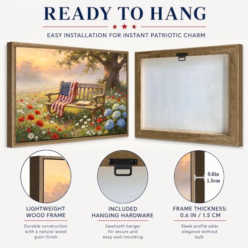 American Flag Framed Canvas Wall Art, 4th of July Patriotic Canvas Prints | Wildflower Landscape Poster Print, Vintage Rustic Independence Day Wall Decor for Bedroom Living Room Office 16×20in