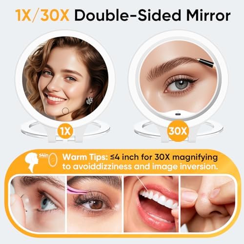 FASCINATE Travel 30X/1X Magnifying Mirror with Light Double Sided Mirror | Rechargeable Lighted Makeup Mirror with 3 Color Setting & Stepless Dimming, Adjustable LED Vanity Mirror