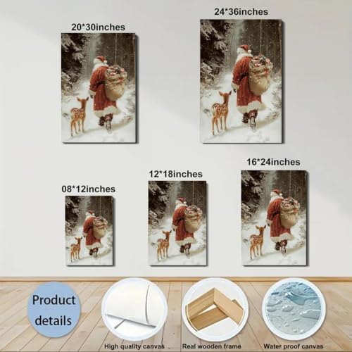 FLZYKGPA Christmas Wall Art 24x36, Santa Claus & Deer Canvas Prints, Christmas Pictures Wall Decor for Living Room & Bathroom, Holiday Painting for Bedroom Party Winter Cottage Artworks Gifts
