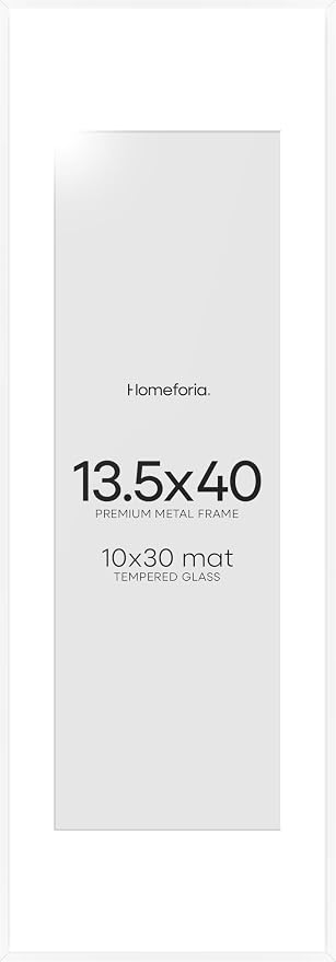 Homeforia 13.5x40 White Picture Frame, High-End Metal, 10x30 Mat, Glass
