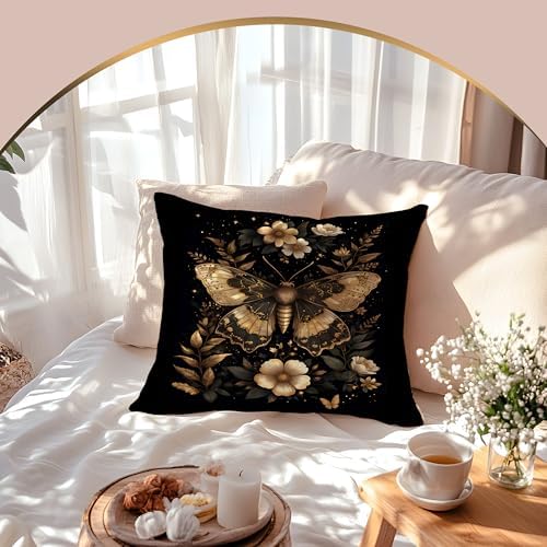 Moody Gothic Floral Butterfly Pillow Covers 18x18, Butterfly Room Home Decor, Dark Cottagecore Flower Rustic Botanical Moth Decorative Throw Pillow Covers