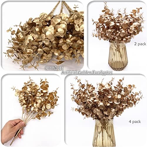 CATTREE Artificial Golden Eucalyptus Decorations, Fake Gold Plants Shrubs Faux Simulation Foliage for Wedding Party Indoor Hotel Hall Table Centerpieces Christmas DIY Decor Planting Filler - 4 Pack
