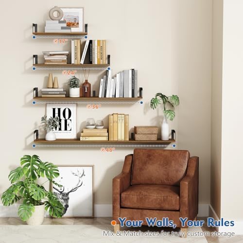 Harwaya Floating Book Shelves for Wall Set of 3, 17 x 8 Inch Deep Wooden Wall Bookshelf for Bedroom Office, Rustic Wood Hanging Wall Shelves for Living Room Kitchen (Dark Brown)