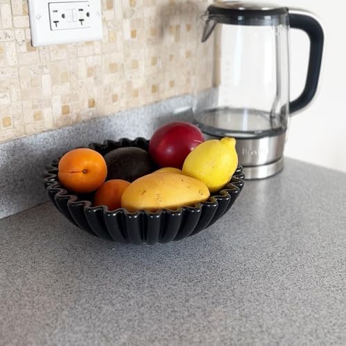 KULEDM Ceramic Decorative Bowl Home Decor - 10in Black Scalloped Ruffle Fruit Bowl for Kitchen Counter, Dishwasher & Microwave Safe