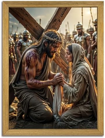 Wood Framed Jesus Carrying Cross Wall Art, Christian Religious Canvas Painting, Jesus and Woman Poster Print, Faith Spiritual Artwork for Church Living Room Prayer Room Bedroom Wall Decor 16x24 Inch
