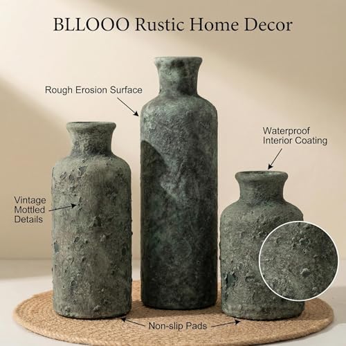 Vintage Ceramic Flower Vase Set of 3, Rustic Farmhouse Vase for Home Decor, Distressed Decorative Vase for Table Entryway Mantel Centerpiece Living Room Bathroom Bedroom (Patina Gray)
