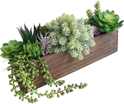 Winlyn 15" Assorted Artificial Succulent Arrangement Assorted Succulents in Rectangular Wooden Planter Faux Potted Plant for Farmhouse Table Centerpiece Windowsill Shelf Desk Mantel Greenery Décor