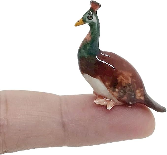 WitnyStore Tiny 1½" Multicolor Peahen Peacock Peafowl Bird Figurine - Miniature Hand Made Painted Ceramic Birds Aves Colorful Porcelain Feathered Animals Cute Decorative Collectible Figure Décor Gifts