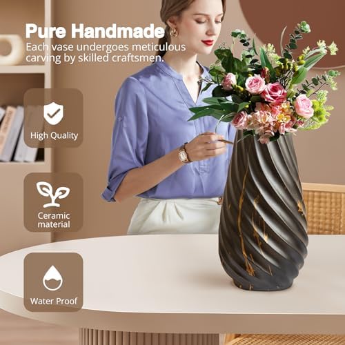 10 inch Tall Ribbed Ceramic Vase for Flowers,Boho Vases for Pampas Grass,Fluted vase,Simple Modern Decorative Vase for Home Decor Table Centerpieces (Black,Gold Marble)