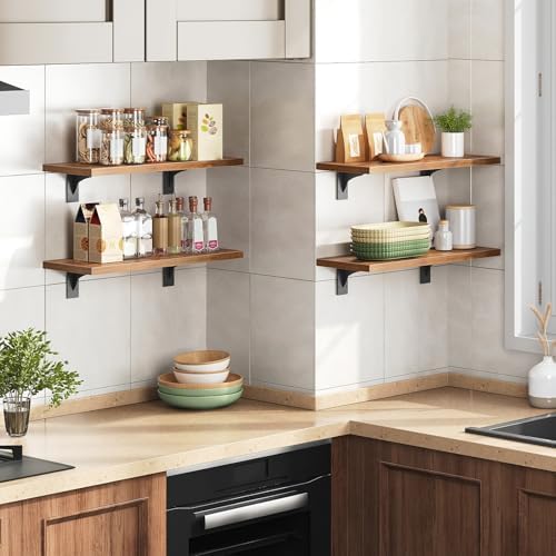 HOOBRO Floating Shelves for Wall, 15.7" Wall Mounted Shelves Set of 2, Hanging Storage Shelf with Metal Brackets, Wooden Shelf for Living Room, Bedroom, Bathroom, Rustic Brown and Black BF42BJP201G1