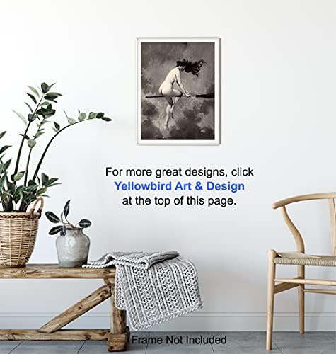 Witchy Pagan Wall Art & Decor - LARGE 11X14 - Vintage Creepy Spooky Gothic Gift for Witchcraft, Wicca, Wiccan, Occult Fan - Witch on Broomstick - Goth Poster Picture Print - Unframed