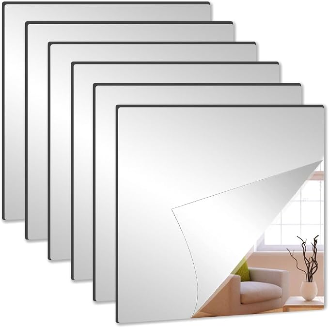 Acrylic Mirror Tiles, 12x12 in Shatterproof Wall Mirrors, 6 Pack | Flexible Acrylic, Adhesive Foam Tapes Included, for Bedroom Doors, Closets, Gym, Dorm, and DIY Wall Decor