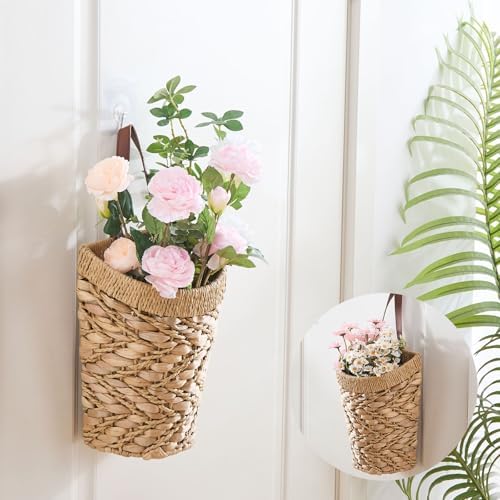 Handwoven Water Hyacinth Boho Front Door Basket for Flower Plants