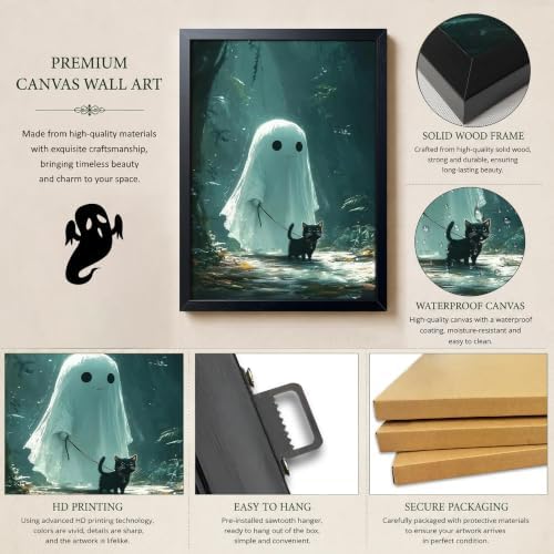 Framed Cute Ghost and Black Cat Wall Art, Whimsical Halloween Canvas Poster Print Picture, Spooky Cute Ghost Painting Aesthetic Wall Decor for Bedroom Living Room Bathroom Home Decoration 12x16 Inch