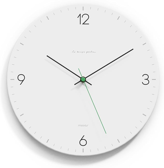 mooas Flatwood Wall Clock,12" Non-Ticking Sweep Movement (Simple White) | Decorative Battery Operated Wall Clock for Home Living Room Kitchen Bedroom Office School