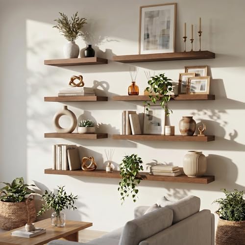 FLYJOE 36 Inch Floating Shelves for Wall Set of 2, 6.5" D Wood Grain Bathroom Shelves with Invisible Brackets, Easy Install Engineered Wood Storage Shelves for Kitchen, Living Room, Bedroom