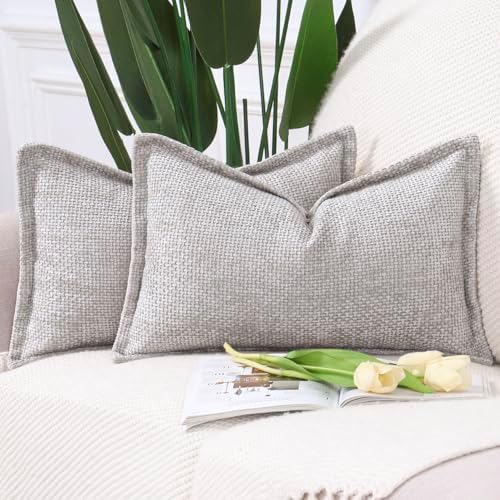 MADIZZ Decorative Chenille Velvet Throw Pillow Covers Set of 2 Soft Boho Textured Neutral Couch Throw Pillow for Bed Modern Farmhouse Home Decor for Sofa Livingroom Oatmeal 12x20 Inch
