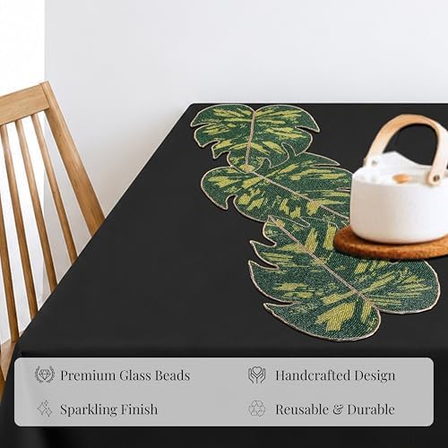 Monstera Leaf Beaded Table Runner 13 x 36 Inch, Handmade Glass Bead Runner for Dining Table, Coffee Table & Console Table, Tropical Farmhouse Centerpiece Decor for Holidays, Weddings & Everyday Use