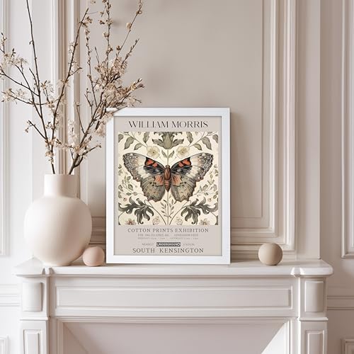 Poster Master William Morris Poster - Butterfly Print - Moth Illustration - Botanical Art - Flower Art - Exhibition Illustration - Animal Illustration - Floral Painting - Aesthetic Office or Bedroom Decor - 8x10 White Framed