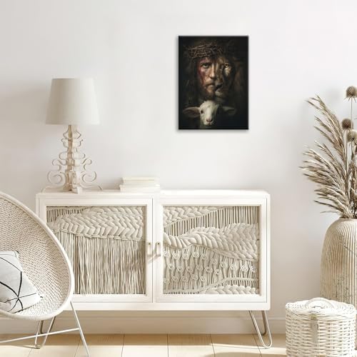 Jesus Canvas Wall Art Lion of Judah Pictures Christian Art Painting Religious God Prints Sheep Lion Modern Artwork for Bathroom Living Room Bedroom Office Framed Wall Decor 12"x16"