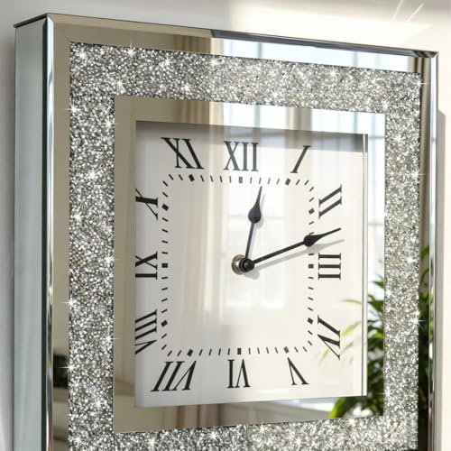 Crystal Crush Diamond Mirrored Square Wall Clock with Sparkle Twinkle Bling Diamond Decor for Wall Decoration, 12x12inch Decorative Silver Mirror Quartz Clock for Home Decor. AA Battery not included