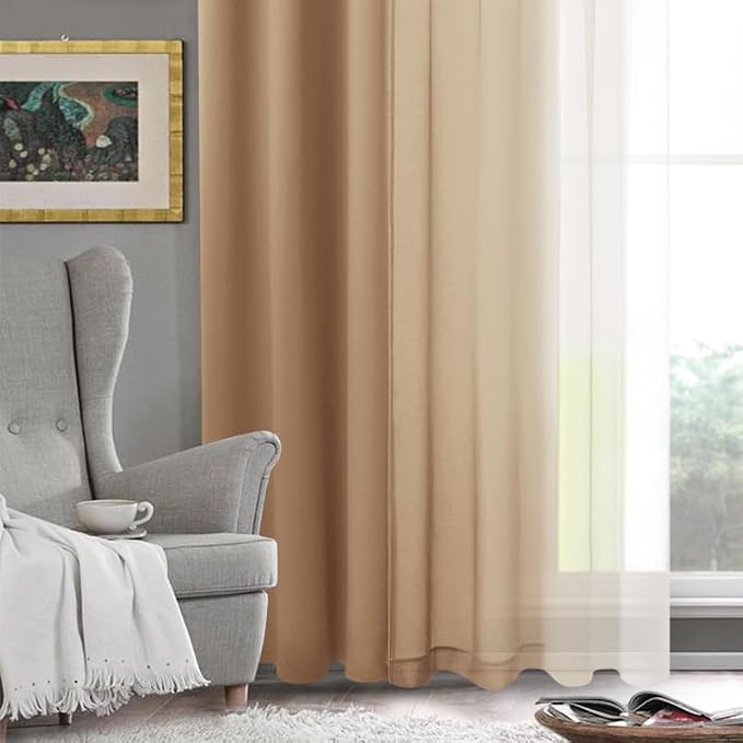 DWCN Ombre Short Sheer Curtains - Faux Linen Semi Voile Gradient Light-Filtering Bedroom and Living Room Curtains, Set of 2 Grommet Top Window Drape Panels, 52 x 45 Inch Length, Taupe