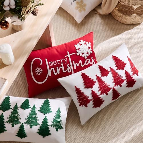 White Christmas Pillow Covers 12x20 Inch Embroidery Red Xmas Trees Decorative Lumbar Throw Pillow Cover Winter Holiday Pillow Case Cushion Cases for Sofa Couch Living Room Decorations
