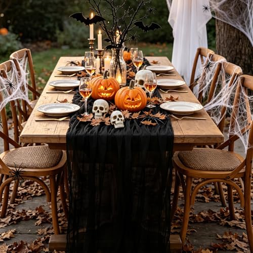 6Pcs Black Table Runner, 10FT Black Cheesecloth Halloween Table Runner 35*120inch Boho Runner for Halloween Indoor Table Kitchen Party Decorations