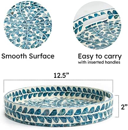 Serving Tray 12.5 Inch, Lacquer Mother of Pearl Inlay Mosaic Tray, Round Wooden Marble Tray with Handles Trays for Tea, Breakfast (Leaf Style)