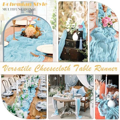 Baby Blue Cheesecloth Table Runner 2 Pack 35" Boho Gauze Cheese Cloth 120 inches Long Rustic Sheer Fabric Bulk for Baby Shower Wedding Bridal Birthday Party Table Decorations