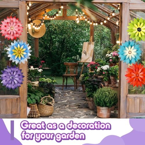 Zhehao 6 Pcs Metal Flower Wall Art Decor 12 Inch Sunflower Wall Decorations Hanging Outdoor Art Multicolored Handmade Metal Flowers Outdoor Decor(Vivid Color)