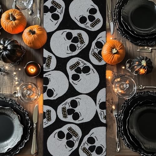 COTTON CRAFT Halloween Beaded Table Runner - Black White Skulls 13x36 inch