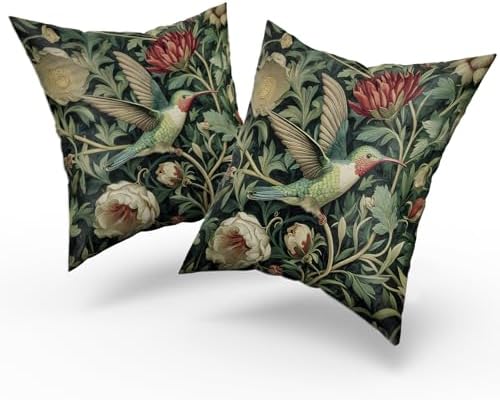 Giwawa Vintage Hummingbird Pillow Covers Set of 2, Rustic Green Bird Floral Pillow Cases 20x20in, Boho Flower Botanical Cotton Throw Cushion Covers for Sofa Couch Patio Seasonal Decoration