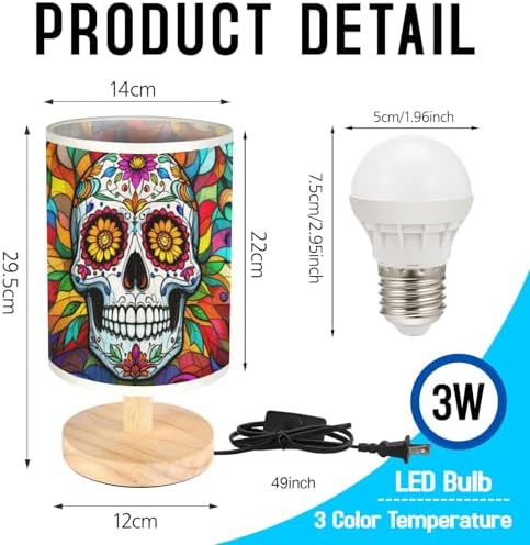 Day of The Dead Table Lamp LED 3-Color Pressed Bedside, Day of The Dead Shade Lamp with Wood Base for Bedroom Living Room Desk Office TL01